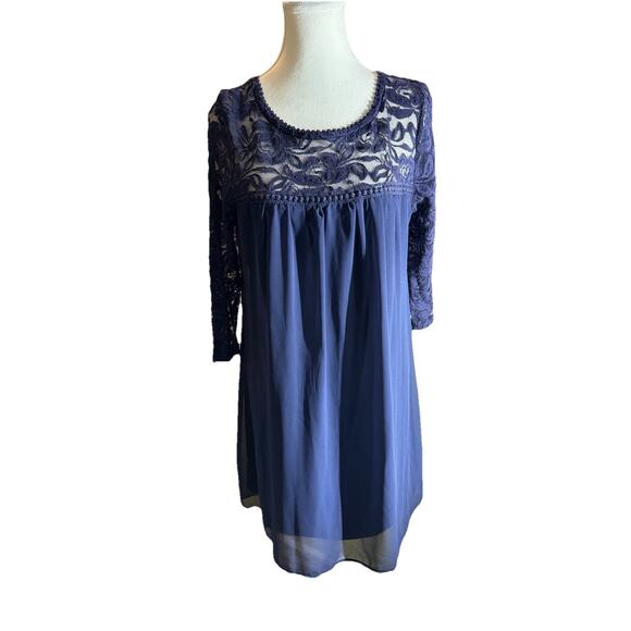 Navy Blue Lace Chiffon Babydoll Dress Sheer Sleeves Coquette Fairycore Size L - Picture 1 of 6